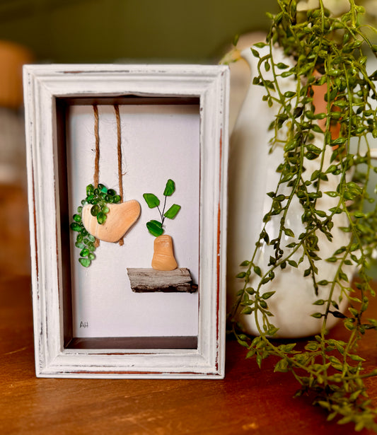 Handmade Sea Glass/Shell Plants In Shadow Box Frame #1