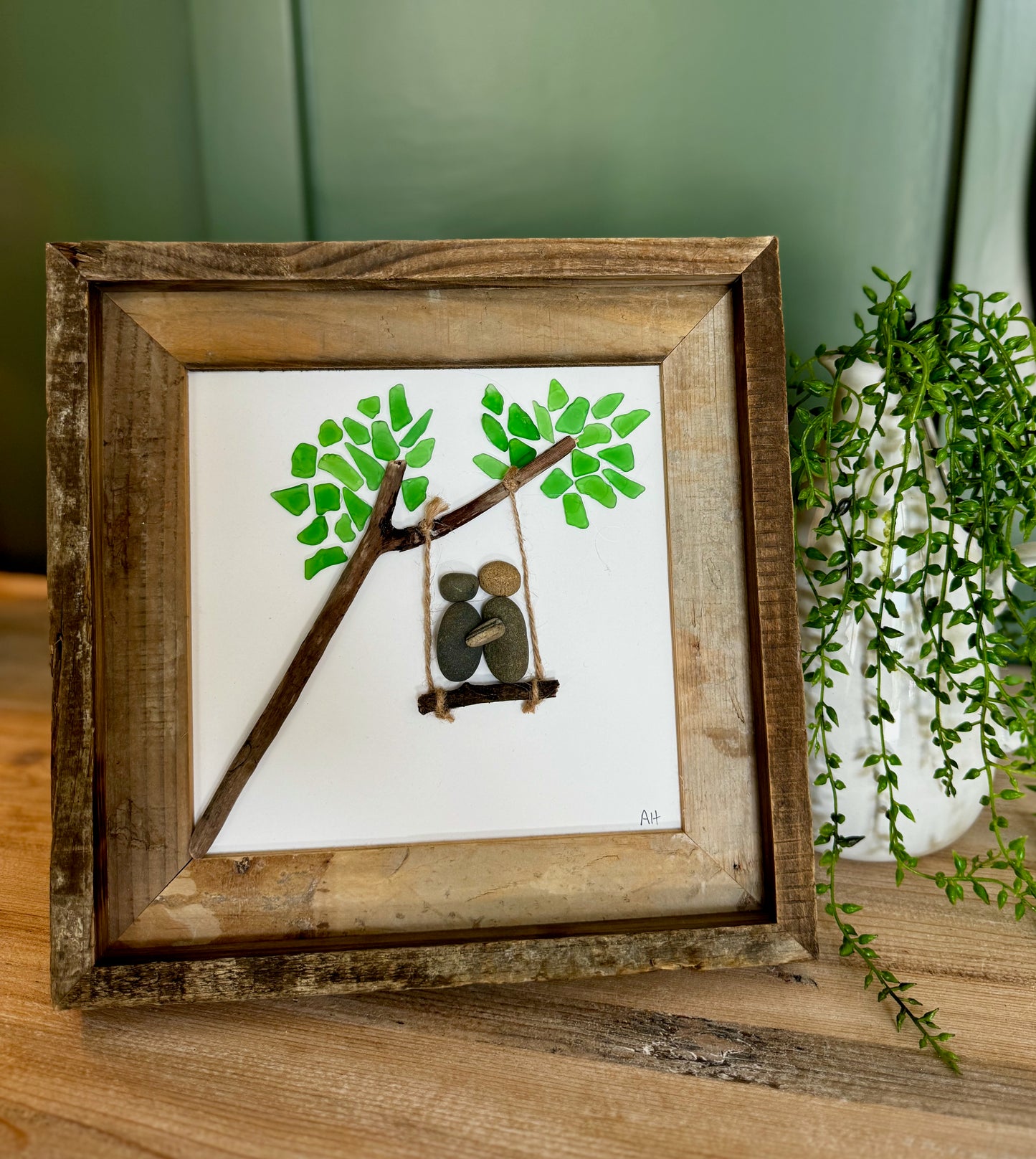 Handmade Pebble/Sea Glass Couple On Tree Swing Art